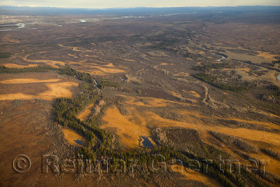 Aerial view of wild marshland Bear Creek south of Fairbanks and the Tanana river Alaska
