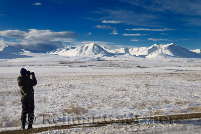 Female tourist taking a picture of snow covered Brooks Range mountains from the Dalton Highway Alaska