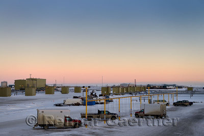 Oil wells and truck charging station at dawn in Deadhorse Prudhoe Bay Beaufort Sea Arctic Ocean Alaska