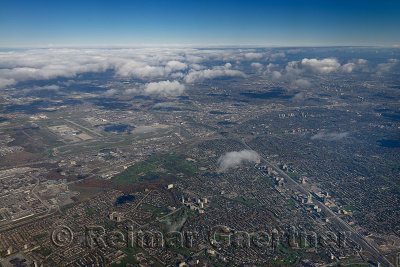 Aerial view of Toronto at highway 401 and 427 with Centennial Park and Pearson International Airport