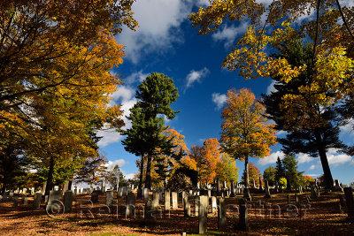 Historic tombstones at Peacham Corner Cemetery Vermont with trees in Fall colors