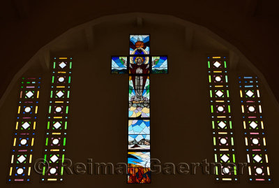 Stained glass window of the risen Christ in St Philip the Apostle Puerto Plata Cathedral