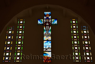 Stained glass window of the risen Christ in St Philip the Apostle Puerto Plata Cathedral