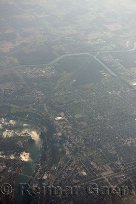 Aerial view of waterfalls at Niagara Falls Ontario Canada with Welland river