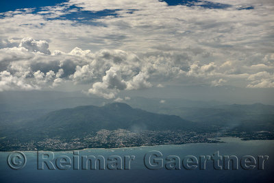 Aerial view of Mount Isabel de Torres and San Felipe de Puerto Plata with Bay Dominican Republic