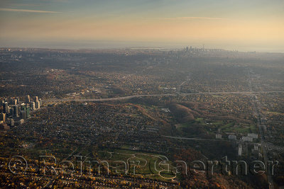 Earl Bales Park north of Highway 401 between Yonge and Bathurst streets with downtown Toronto city skyline