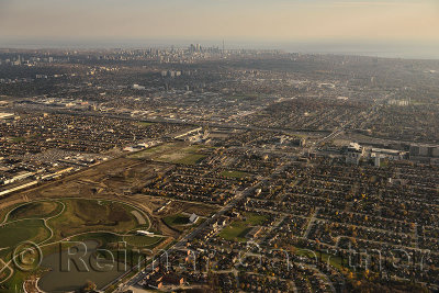 Downsview Park in North York with Toronto city skyline of highrise towers on Lake Ontario