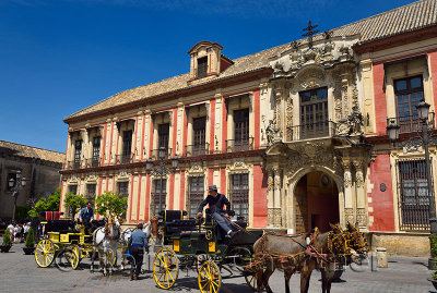 Watering horses of Horse drawn carriages in front of the Archbishops Palace Seville Spain