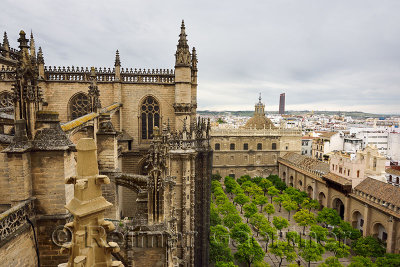 View west from Giralda tower Seville cathedral with door of Forgiveness to the Orange Tree Courtyard