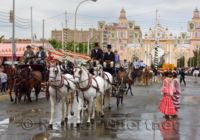 horse team pulling carriages with families on washed street at the Main Gate 2015 Seville April Fair