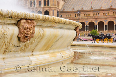 Detail of central Vicente Traver fountain at Plaza de Espana Seville Spain