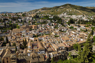 View of Albaicin with Church of the Saviour lookout and Saint Nicholas from Alcazaba fortress in Granada Spain