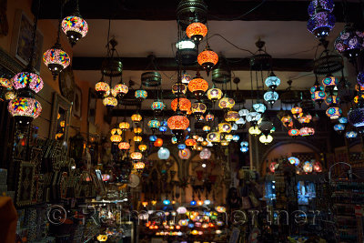 Hanging Moorish Lanterns of glass beads in a shop in Alcaiceria Granada Spain