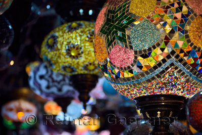 Close up of glass beads of moorish lamps in a shop in Alcaiceria Granada Spain