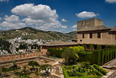 Machuca courtyard at Nasrid Palaces above Albaicin from Alhambra Fortress Granada Spain