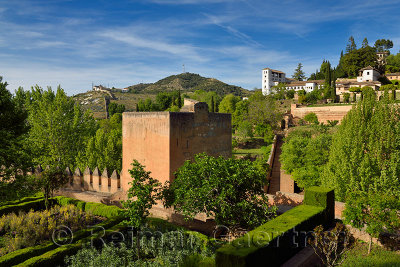 Alhambra Tower of the Judge on fortified wall with Medieval accessway to the Generalife Granada Spain