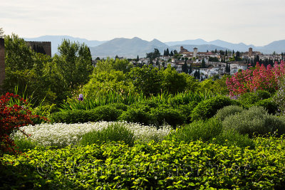 Gardens at Generalife overlooking fortified Alhambra Palace and Albaicin with  mountains of Granada