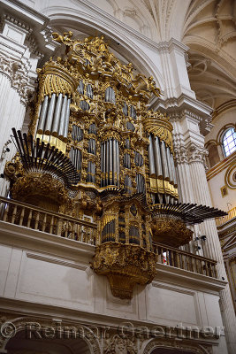 Gold leaf and horizontal trumpets on Pipe organ of the Granada Cathedral of the Incarnation