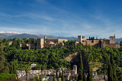 Albaicin rooftops with Alhambra Nasrid Palaces and Alcazaba fortress Sierra Nevada Mountains Granada