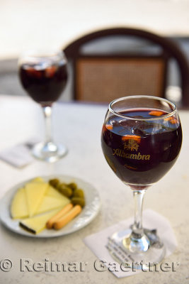 Glasses of Sangria on restaurant table in Convent of San Francisco Hotel in Alhambra Granada