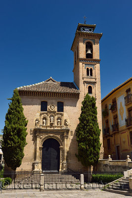 Catholic church of Saint Gil and St Anne with converted minaret to bell tower in Granada Andalusia