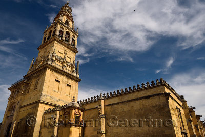North side of Cordoba Mosque Cathedral with minaret now bell tower of Our Lady of the Assumption church