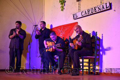 Two Flamenco singers quitarists at an outdoor patio Tablaos stage in Cordoba Spain