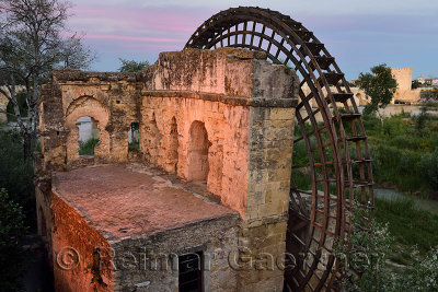 Albolafia Waterwheel on the Guadalquivir river with Roman Bridge and Calahorra Tower Cordoba