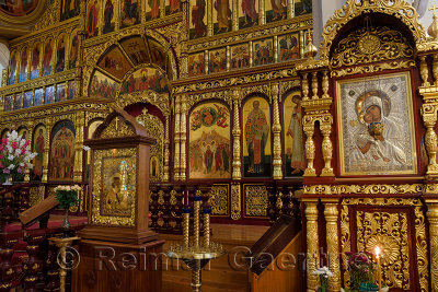 Icons of Mary with Christ child in nave of Ascension Cathedral Russian Orthodox church in Almaty Kazakhstan