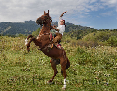 Kazakh horse rider with raised arm on rearing mare in Huns village Kazakhstan