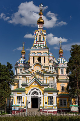 Front door west side Ascension Cathedral Russian Orthodox wood church in Almaty Kazakhstan