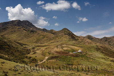 Country house hobby sheep farm with yurt car and horse in Altyn Emel mountains Kazakhstan