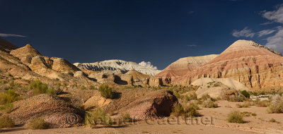 Panorama of red and white sedimentary layers at Aktau Mountains Altyn Emel Park Kazakhstan