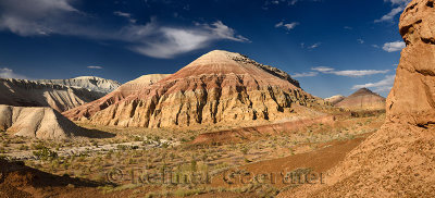 Walls of eroded sedimentary rock at Aktau Mountains Altyn Emel National Park Kazakhstan