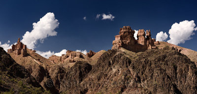 Panorama of red sandstone peaks from the Charyn Canyon river Eco Park Kazakhstan