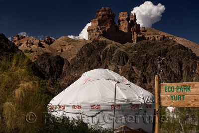 Sign for Eco Park Yurt in valley at Charyn Canyon National Park Kazakhstan
