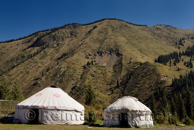 Yurts at a campground of Kaindy Lake in the Kungey Alatau mountain range Kazakhstan