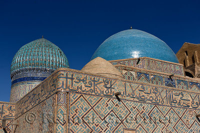 Detail of blue domes of ancient Khoja Ahmed Yasawi Mausoleum in Turkistan Kazakhstan