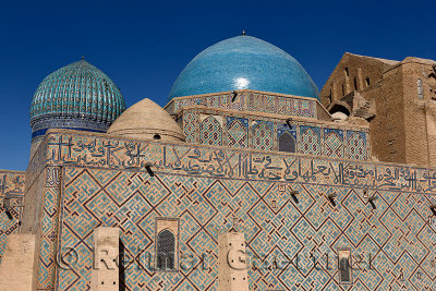 Caligraphy and geometric patterns of Timurid architecture at Khoja Ahmed Yasawi Mausoleum in Turkistan Kazakhstan