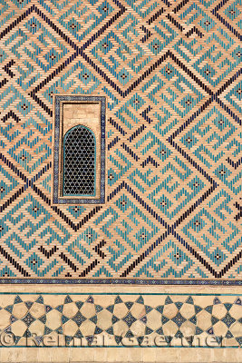 Detail of window and geometric patterns on Khoja Ahmed Yasawi Mausoleum in Turkistan Kazakhstan
