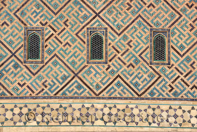 Detail of windows and geometric patterns on Khoja Ahmed Yasawi Mausoleum in Turkistan Kazakhstan