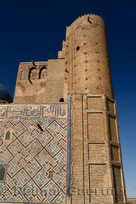 Front unfinished brick tower of Khoja Ahmed Yasawi Mausoleum in Turkistan Kazakhstan