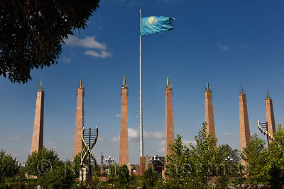 Seven granite columns and Kazakh flag in Independence Park Shymkent Kazakhstan