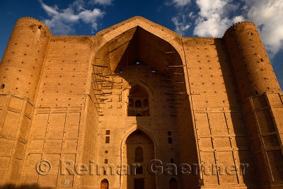 Unfinished entrance facade of Khoja Ahmed Yasawi Mausoleum at dawn in Turkestan Kazakhstan