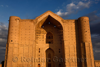 Front of Mausoleum of Khoja Ahmed Yasawi at dawn in Turkestan Kazakhstan