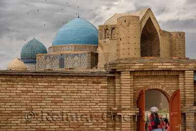 Historic Khoja Ahmed Yasawi mausoleum at gate to architectural museum Azret Sultan Turkestan Kazakhstan