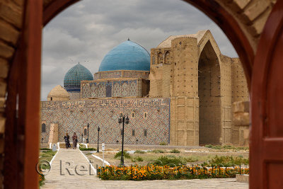 Khoja Ahmed Yasawi Mausoleum through the doors of the architectural museum Turkestan Kazakhstan