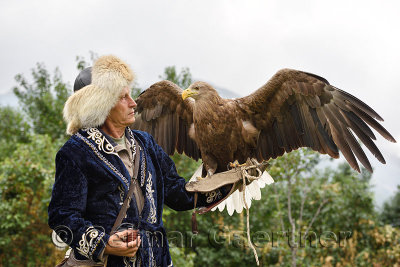 Trainer holding a White Tailed Eagle with spread wings at Sunkar Falcon Farm Almaty Kazakhstan