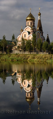 Vertical panorama of the Church of the Exaltation of the Holy Cross in Almaty Kazakhstan at sunrise