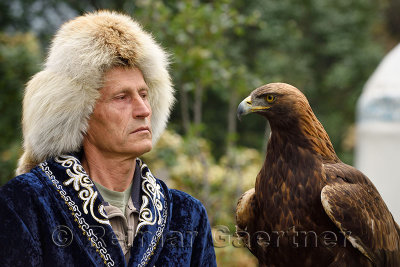 Professional trainer looking at Golden Eagle at Sunkar Raptor Center in Alma Arasan Gorge Almaty Kazakhstan